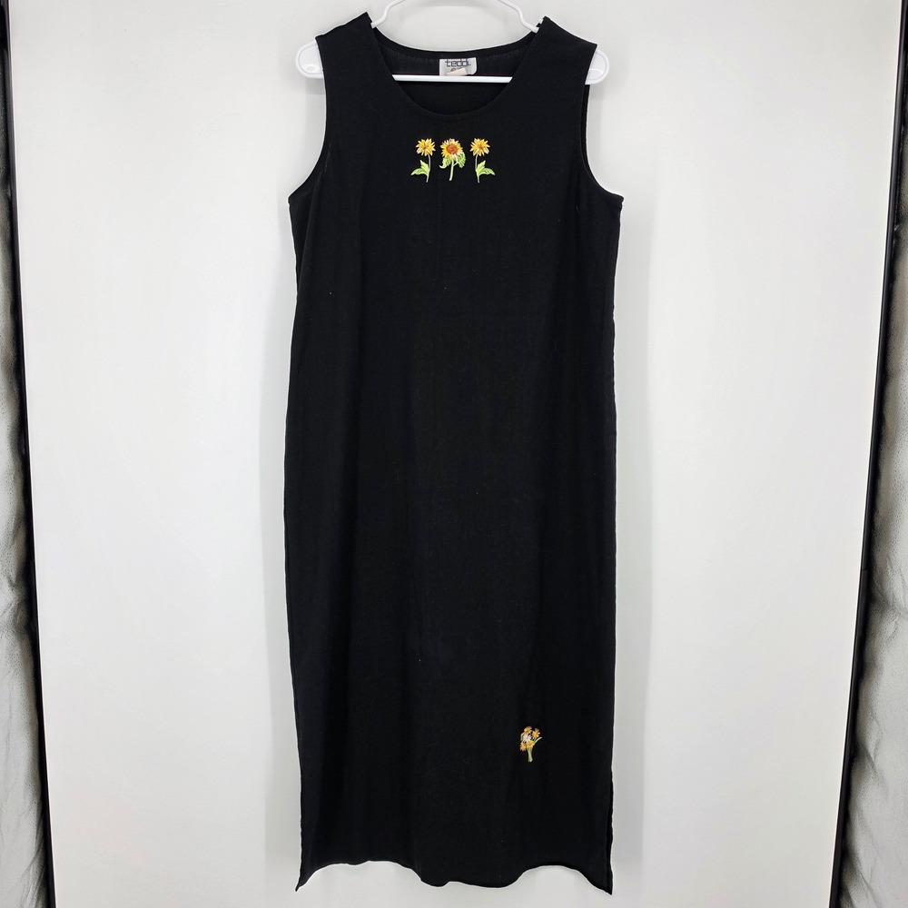 Teddi Sleeveless Midi Dress PL Black Cottagecore Sunflower Embroidery 90s Y2K